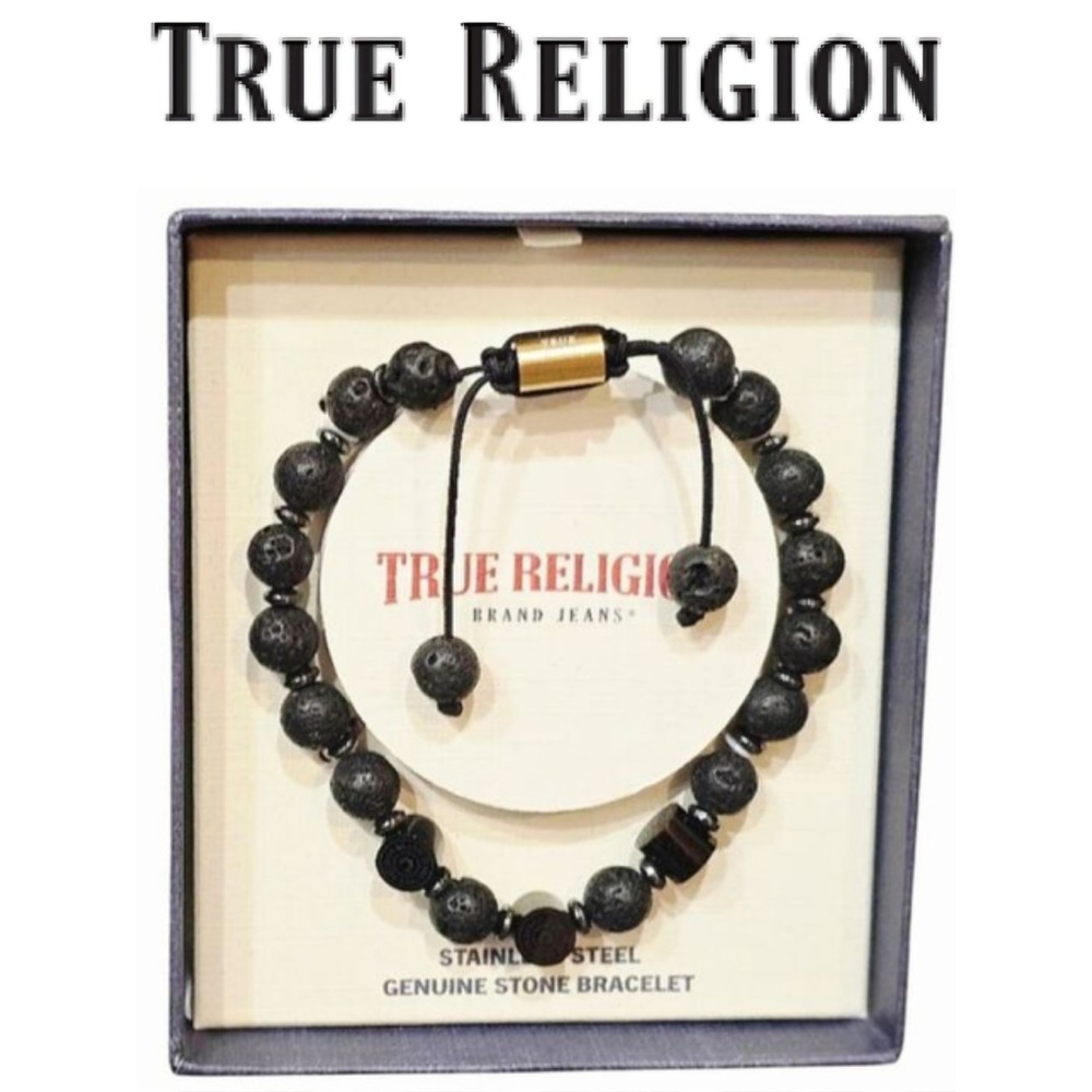 True Religion Stainless Steel Genuine Stone Bracelet- Black